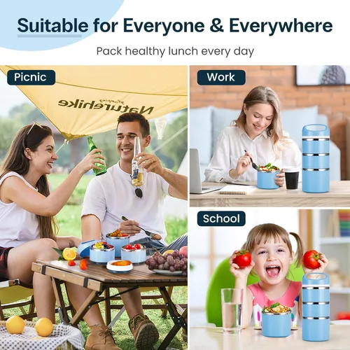 Miniatura 6 de Lille Home Contenedores de Almuerzo Apilables de Acero Inoxidable, Capacidad de 43OZ 3 Capas Caja Bento a Prueba de Fugas para Adultos, Lonchera