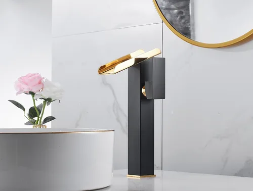 Miniatura 7 de Grifo de Recipiente Negro para Baño Cascada Boquilla Abierta LED Cambio de Color por Temperatura Grifo de Lavabo para Fregadero de Tazón Mango