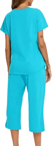 Miniatura 6 de ENJOYNIGHT Conjunto de pijama de algodón para mujer, parte superior de manga corta y pantalones capri, ropa de dormir de 2 piezas