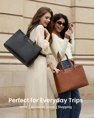 Miniatura 2 de LOVEVOOK Bolsa de mano para computadora portátil para mujer, bolsas de trabajo de cuero de 15.6 pulgadas con soporte grande para tazas para Negro