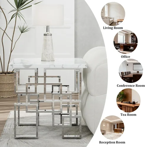Miniatura 5 de AUZ Mesa auxiliar plateada, moderna mesa auxiliar cuadrada para sala de estar con parte superior de mármol sintético blanco y base geométrica