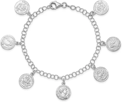 Miniatura 4 de Pulsera de plata de ley maciza rodiada con dije de moneda romana 75 pulgadas fabricada en Italia Plata de ley no conocido