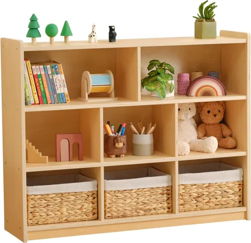 OOOK Montessori - Estante para juguetes, 35.4 pulgadas de alto, organizador de almacenamiento de juguetes de 3 niveles con 8 cubos, armario de