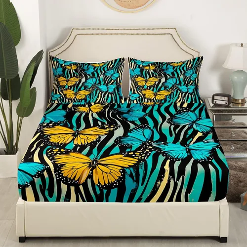 Miniatura 3 de Erosebridal Sábana bajera ajustable de mariposa azul, tamaño individual, sábanas estéticas de mariposas voladoras para niños, juegos de ropa de cama