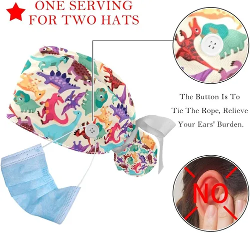 Miniatura 2 de DEYYA 2 gorras Bouffant con bolsa de cola de caballo de algodón, gorro de trabajo ajustable, gorra quirúrgica de dinosaurio, camuflaje verde