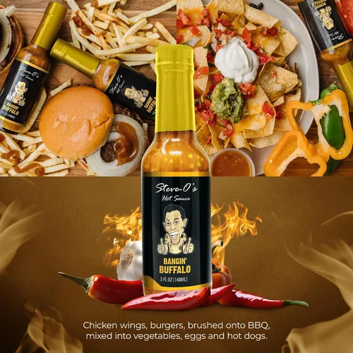Miniatura 4 de Steve-O's Salsa Bangin' Buffalo Salsa cremosa y picante roja para alas, barbacoa, verduras, hamburguesas y huevos 5 fl oz