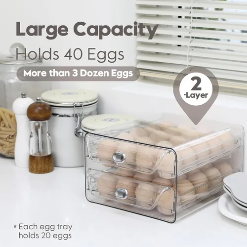Miniatura 2 de Sea Team Soporte para huevos de plástico transparente para refrigerador, contenedor apilable para huevos con 2 bandejas extraíbles, dispensador