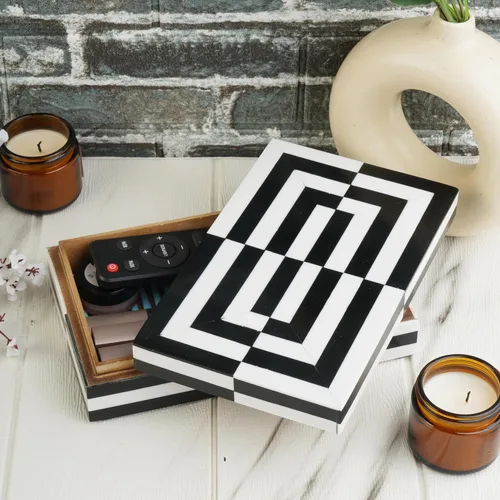 Miniatura 2 de Caja de almacenamiento de joyas con ilusión 3D en blanco y negro, organizador geométrico decorativo para aretes, collares y recuerdos, caja