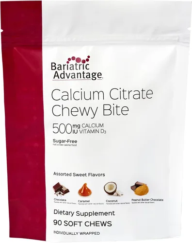 Miniatura 14 de Bariatric Advantage Picaduras masticables de citrato de calcio 500 mg - Altamente absorbible y digerible - Vitamina D3 - Suplemento de calcio