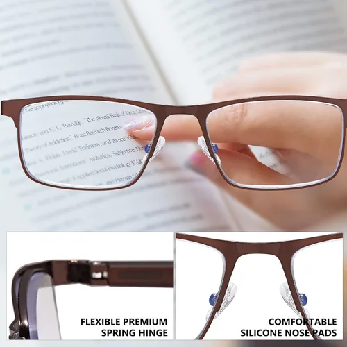 Miniatura 3 de 3 pares de anteojos de lectura, elegante marco de metal, anteojos ligeros con filtro - Gafas para hombre antirreflejos - Bisagra de resorte