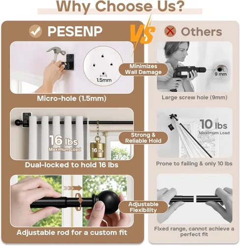 Miniatura 3 de Barra de cortina sin taladrar con sistema de montaje adhesivo y clavo – Apto para inquilinos y daños mínimos en la pared, barra ajustable de 5/8