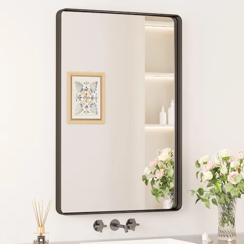 Miniatura 25 de Keonjinn Espejos de baño negros para sobre el fregadero, espejos cuadrados grandes de 36 x 36 pulgadas para pared, espejo rectangular redondeado