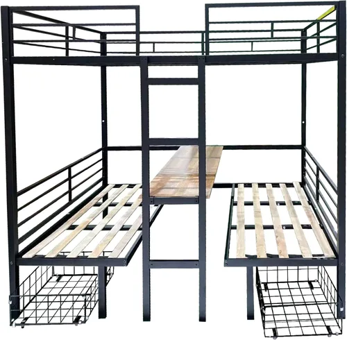 Miniatura 4 de KEIKI Cama tipo loft de tamaño matrimonial con escritorio integrado y dos cajones de almacenamiento, base de cama de metal con mesa y diseño