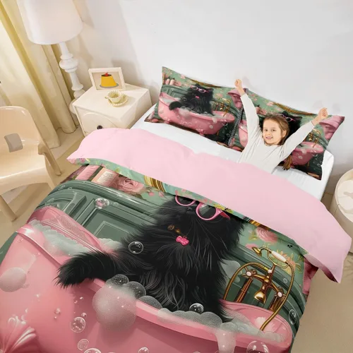 Juego de funda de edredón para niños con diseño de gato negro, tamaño individual, juego de ropa de cama de animales lindos con burbujas de baño para