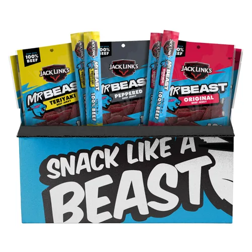 Jack Link's x MrBeast - Paquete variado de carne seca y palitos – Original, condimentado y teriyaki – Snacks de proteína de carne real listos para