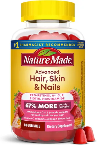 Nature Made Gomitas avanzadas para la piel y las uñas, biotina, Pro Retinol A, niacinamida, vitamina C y vitamina E, 80 gomitas, suministro para 40