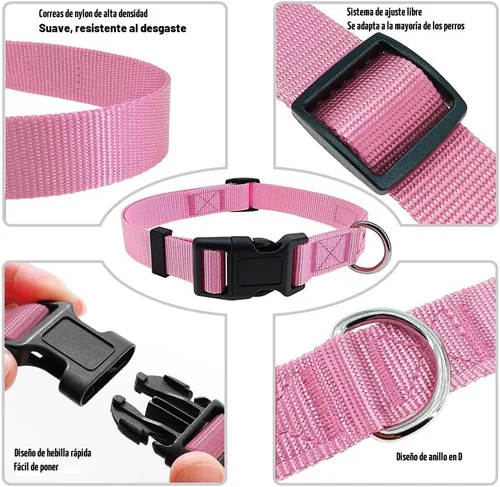 Miniatura 3 de Collar de perro rosa básico ajustable para cachorros, perros pequeños, medianos y grandes, con collar de nailon transpirable de liberación rápida