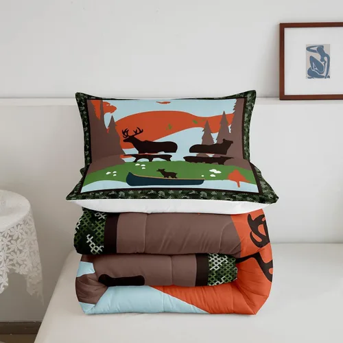 Miniatura 5 de Juego de ropa de cama de jejeloiu con diseño de ciervos y osos para niños y niños, edredón ultra suave para campistas, decoración feliz acampando