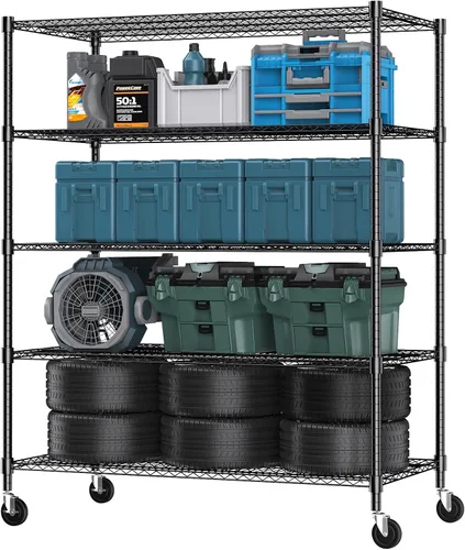 Miniatura 18 de Himimi Estantería de almacenamiento de alambre de acero resistente de 4 niveles, estantes de almacenamiento de metal ajustables con ruedas, estante
