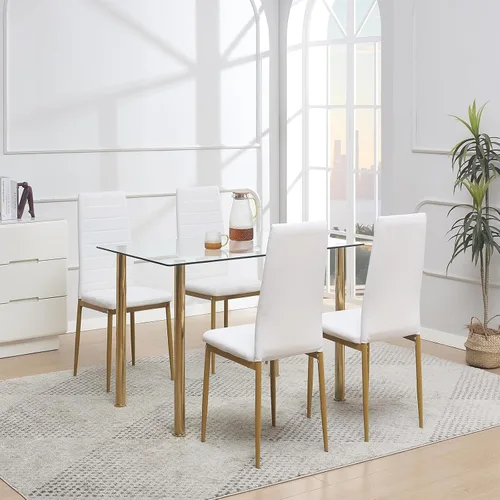 Miniatura 2 de Juego de comedor de cristal de 5 piezas dorado para 4, mesa de cocina rectangular con 4 sillas de piel sintética, juego de mesa de comedor compacto