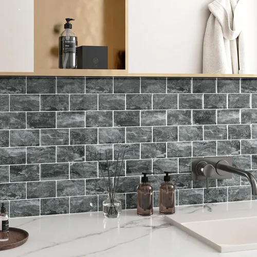 Miniatura 10 de Wallercity Azulejos hexagonales de metro negro para salpicaduras para salpicaduras de mármol en muro para cocina, 10 hojas de azulejos de pared
