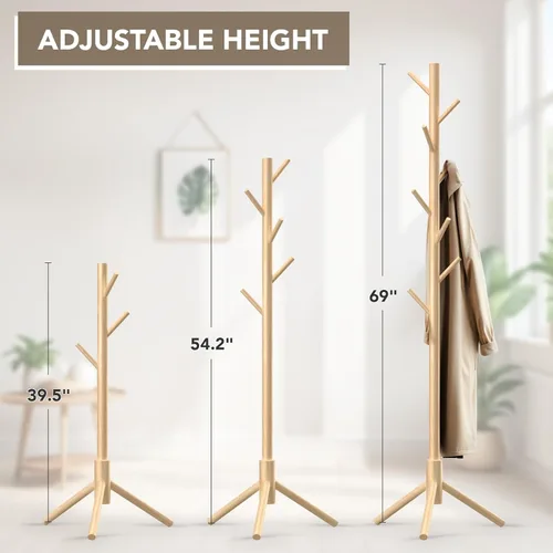 Miniatura 3 de Hupmad - Perchero de árbol de madera, perchero resistente independiente con 8 ganchos, 3 alturas ajustables para niños y adultos, árbol de pie