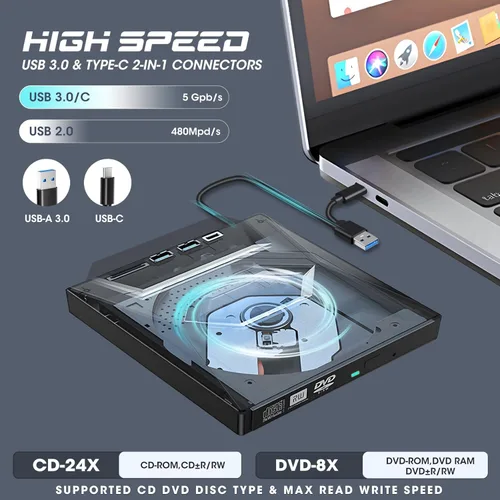 Miniatura 3 de ROOFULL Unidad externa de CD DVD USB 3.0 y USB-C, quemador de CD ROM, reproductor de DVD con USB Hub y lector de tarjeta SD, unidad óptica portátil
