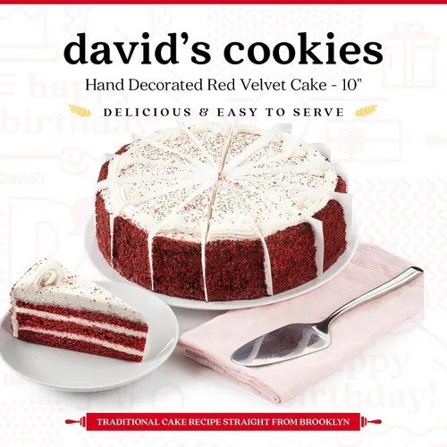 Miniatura 2 de David's Cookies Pastel de Amor de Terciopelo Rojo de 10" - Pastel en Capas Húmedo Horneado Decorado a Mano con Relleno Cremoso - Increíble Regalo