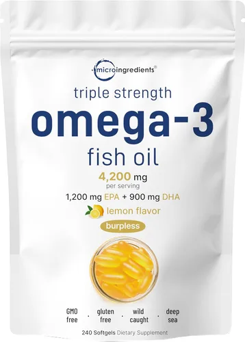 Micro Ingredients Suplementos de Aceite de Pescado Omega 3 de Triple Fuerza 4200mg Por Porción, 240 Cápsulas Blandas – Sabor a Limón – Sin Eructos |