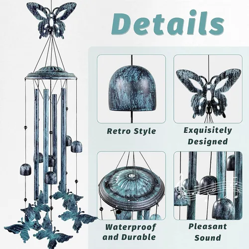 Miniatura 2 de Campanillas de viento de mariposa para exteriores, tubos de aluminio grandes, decoraciones al aire libre para patio, jardín, porche, campanas