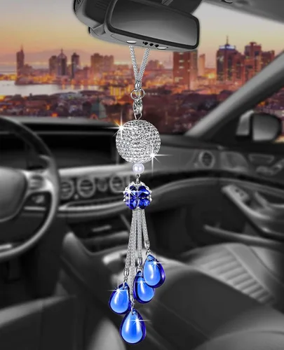 Miniatura 14 de Glamorosa decoración colgante de espejo de coche con cabeza de zorro azul oscuro, adorno de automóvil con temática animal para mujeres y hombres