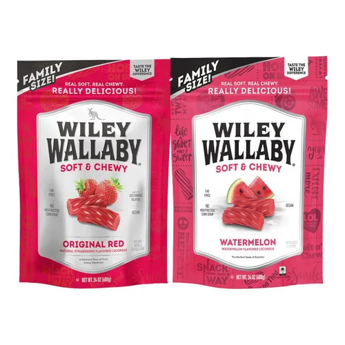 Wiley Wallaby 24 onzas Paquete de variedad de regaliz gourmet clásico australiano de sabor rojo y sandía, suave y masticable, 2 paquetes