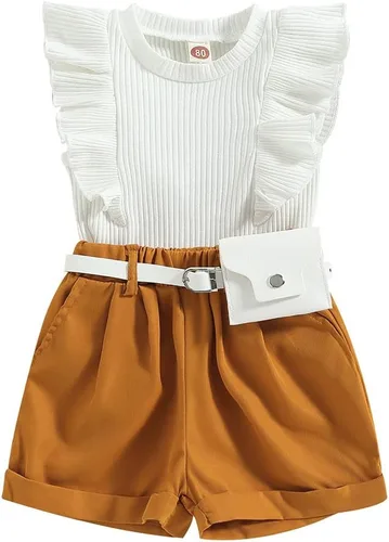 Miniatura 21 de TheFound Trajes de verano para niñas pequeñas, sin mangas, de punto acanalado, halter, pantalones cortos, ropa para recién nacidos, conjunto de 3