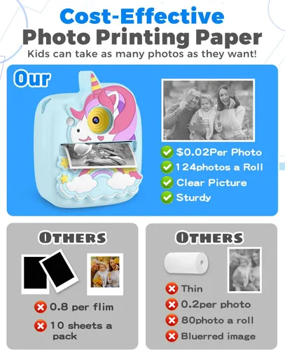 Miniatura 7 de Cámara de impresión instantánea para niños de 3 a 12 años, cámara para niños con tarjeta SD de 32 G y papel de 300 fotos, foto de 48 MP, video