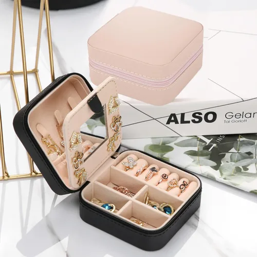 Miniatura 5 de XZUZ Joyero de viaje pequeño con espejo, organizador de joyas portátil, caja de almacenamiento para aretes, anillos, collares, joyería ase