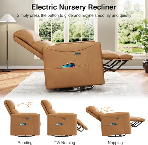 Miniatura 4 de Welzona Mecedora giratoria eléctrica, mecedora giratoria de 360°, mecedora de cuero sintético, silla eléctrica de posición infinita para adultos