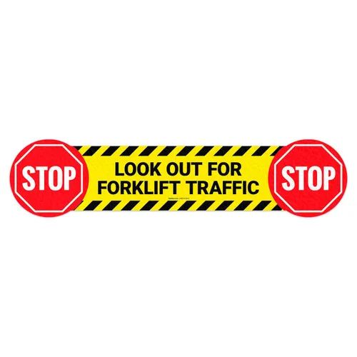 Miniatura 3 de Calcomanía de suelo con texto en inglés "Stop Look Out for Forklift Traffic", 26 x 6 pulgadas, adhesivo antideslizante, fabricado en Estados Unidos