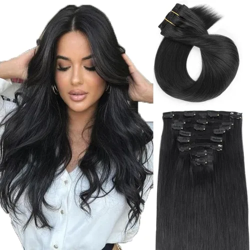 ABH AMAZINGBEAUTY HAIR Extensiones de cabello humano negro con clip, 8 piezas de extensiones de volumen con clip, 4.23 onzas, sedoso, lacio, suave,