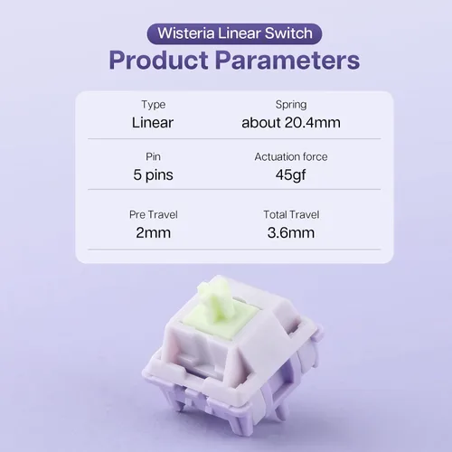 Miniatura 3 de EPOMAKER Wisteria - Interruptores mecánicos lineales de 39gf para teclado, interruptor cremoso pre-lubricado de 5 pines, 30 piezas, con vástago POM