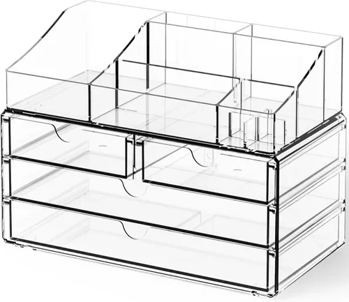 Yieach Organizadores de maquillaje acrílico para mostrador, escritorio y tocador, paquete de 2 organizadores apilables para encimera de baño con