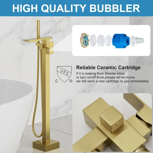 Miniatura 2 de RUMOSE Llenador de bañera de oro cepillado, relleno de bañera independiente para montaje en el suelo, grifo de bañera de cascada con certificado