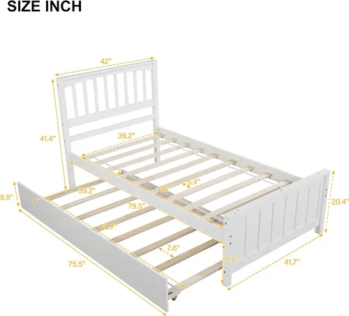 Miniatura 2 de MERITLINE Cama individual con nido, cama corrediza de plataforma con cabecero y estribo para niñas y niños, no necesita somier, (blanco)