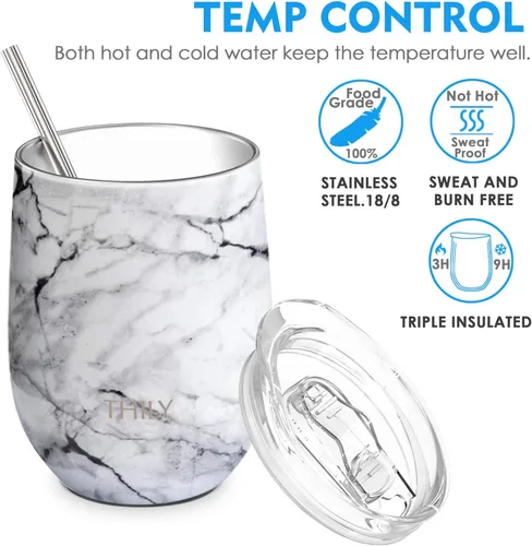Miniatura 2 de Vaso de vino aislado al vacío sin tallo – Markline de 12 onzas de acero inoxidable con aislamiento de triple pared con tapa y popote, mantiene