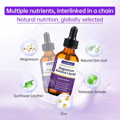 Miniatura 4 de Gotas líquidas de magnesio de 1500 mg de alta absorción, suplemento cerebral para concentrarse en la memoria, sueño, sin azúcar, vegano, 2.04 onzas