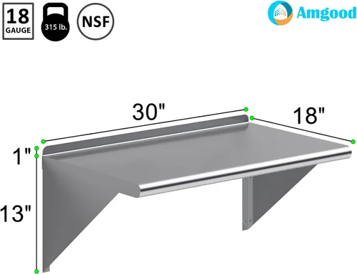 Miniatura 3 de AmGood Estante de pared de acero inoxidable de 30 pulgadas de largo x 18 pulgadas de profundidad Certificado NSF Estantería de metal