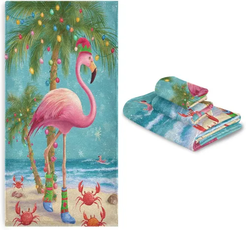 Miniatura 7 de Pfrewn Juego de 3 toallas de baño de Navidad con flamenco tropical, palmera y cangrejo, toallas de baño, suaves y absorbentes, toallas de mano