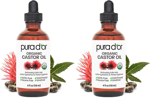 PURA D'OR Aceite de ricino orgánico de 4 onzas, puro prensado en frío, sin hexano, certificado por USDA, pestañas, cejas, cabello, cuero cabelludo,