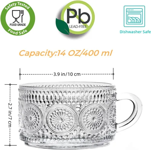Miniatura 3 de Bandesun Tazas de café de vidrio vintage, 14 onzas, juego de 2 – apilables en relieve, cristalería con asa, para capuchino, latte, cereales, yogur