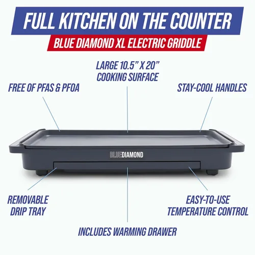 Miniatura 3 de Blue Diamond Plancha eléctrica extra grande de 20 x 10.5 pulgadas, superficie antiadherente de cerámica saludable, no tóxica sin PFAS, control