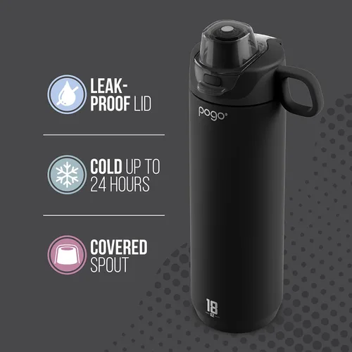 Miniatura 6 de Pogo Botella de agua activa de acero inoxidable aislada al vacío con tapa a prueba de fugas y asa de transporte de silicona, recubrimiento en polvo